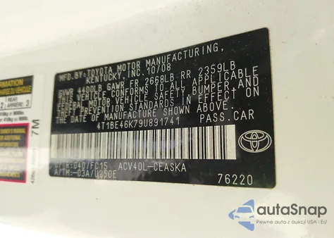 2009 Toyota Camry Se/Le/Xle z USA, uszkodzony, nr VIN 4T1BE46K79U891741